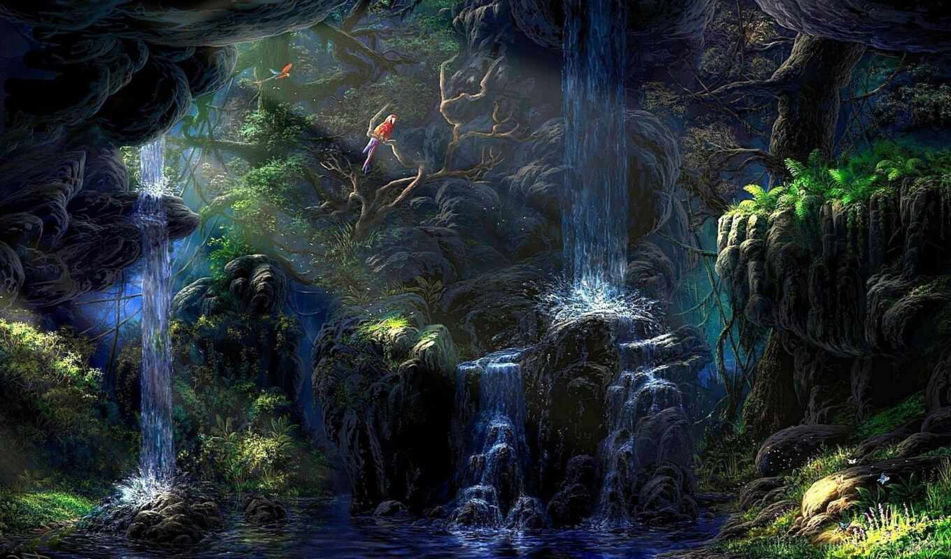 природа, cool, fantasy, водопад, рисованный
