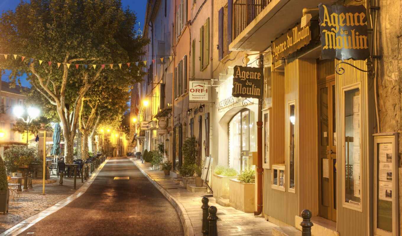 city, night, street, evening, France, lantern