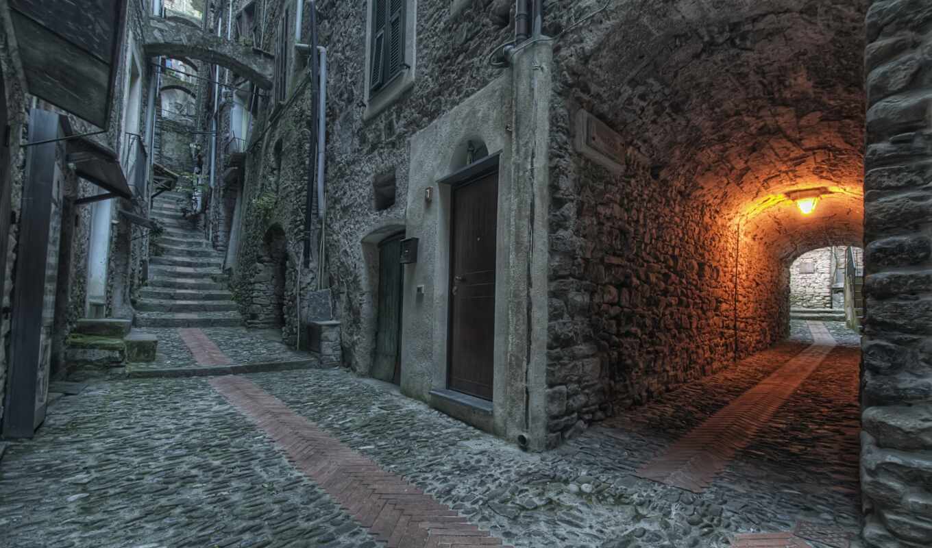 house, stone, city, street, architecture, lights, the door, arch, build, town, stair