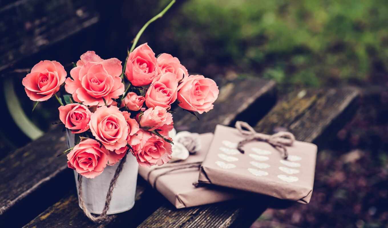 flowers, rose, shop, pink, plant, bouquet, takeoff, bench, present