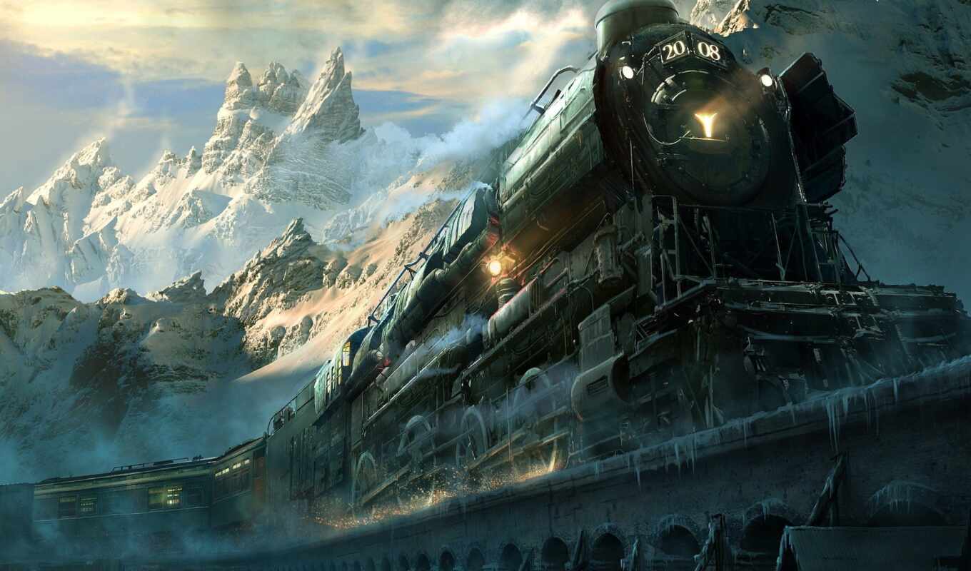 природа, art, фон, гора, поезд, landscape, fantasy, железный, steam, express, локомотив