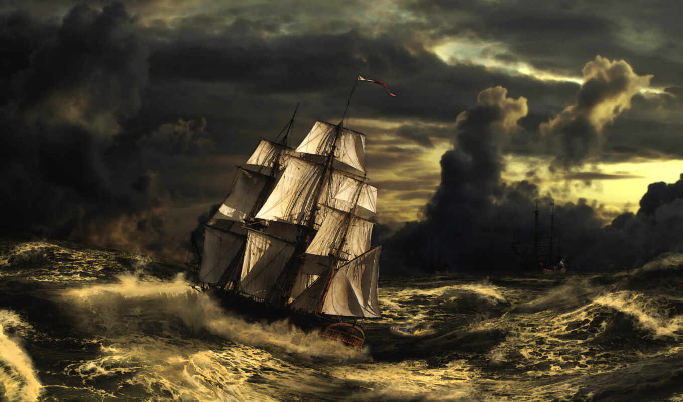небо, art, картинка, буря, море, sailboat, волны