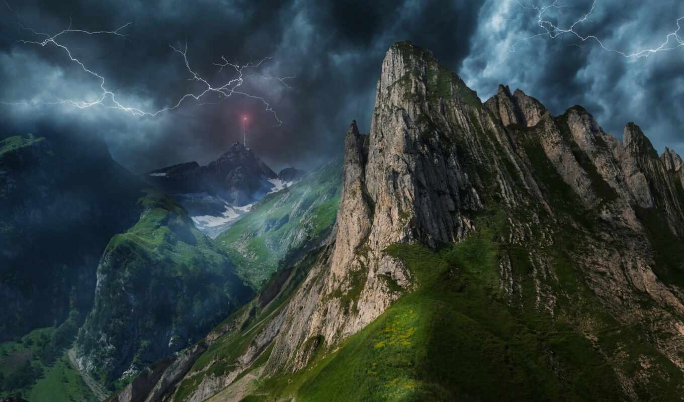 nature, the storm, grass, mountain, landscape, cloud, lightning