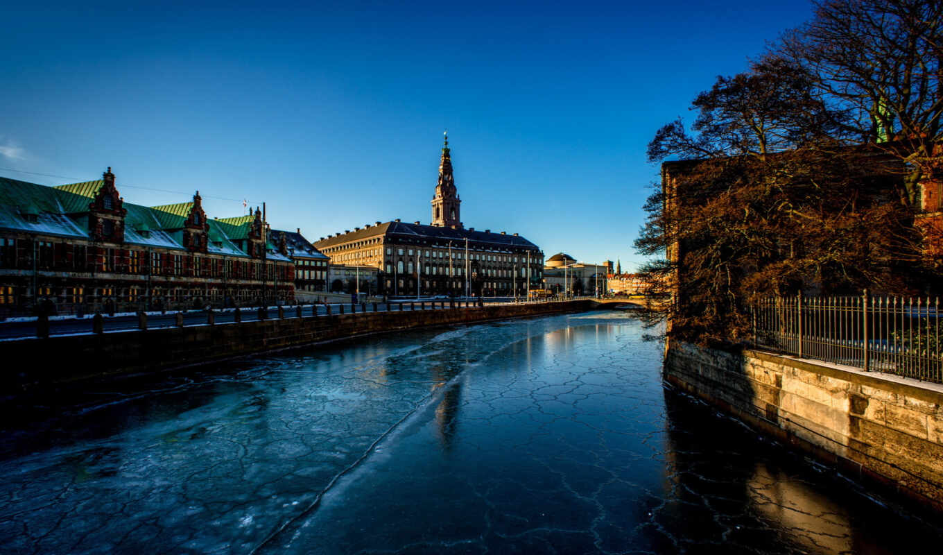 небо, город, канал, вода, архитектура, отражение, речной, веха, водный путь, christiansborg palace
