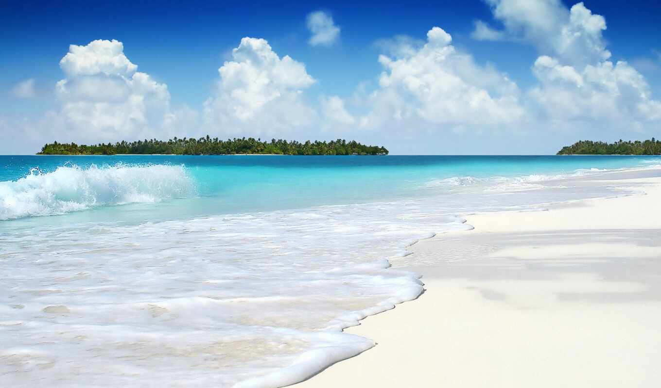 небо, широкоформатные, пляж, море, берег, песок, ocean, waves, azure, oblaka
