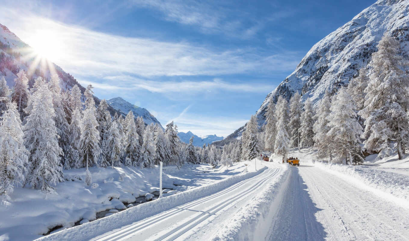 large format, snow, beautiful, winter, forest, road, mountains, the road, winter, photo wallpapers, cars