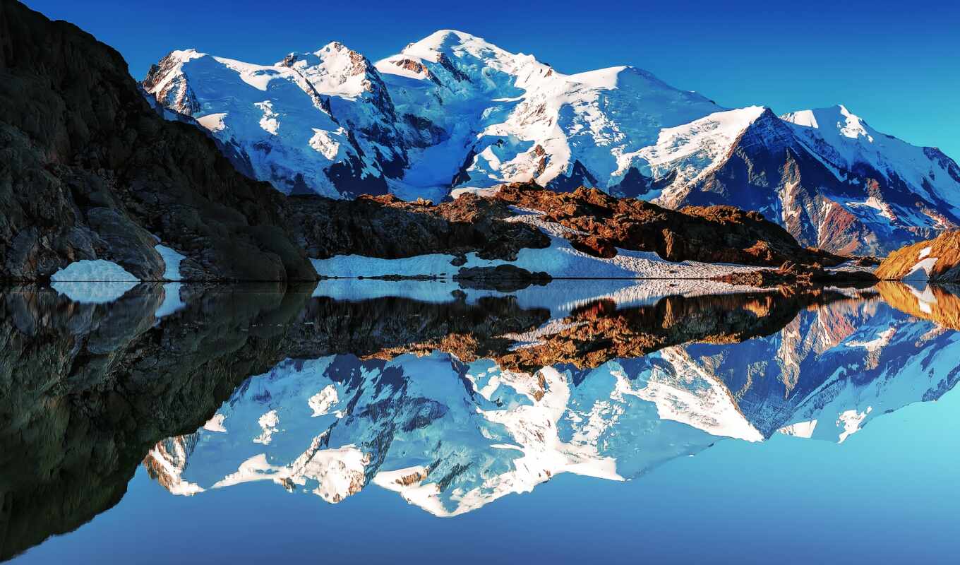 горы, озеро, снег, отражение