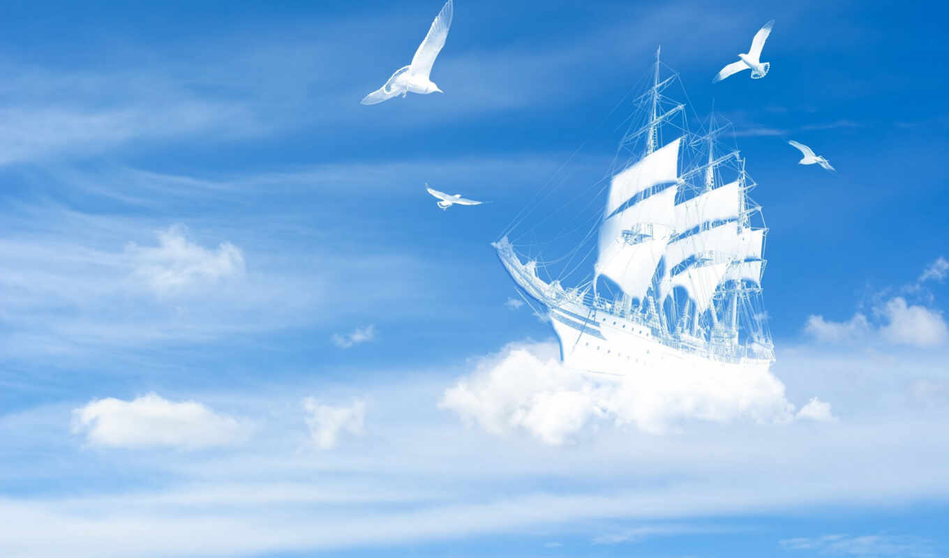 корабль, landscape, облако, птица, фрегат, stokovyi