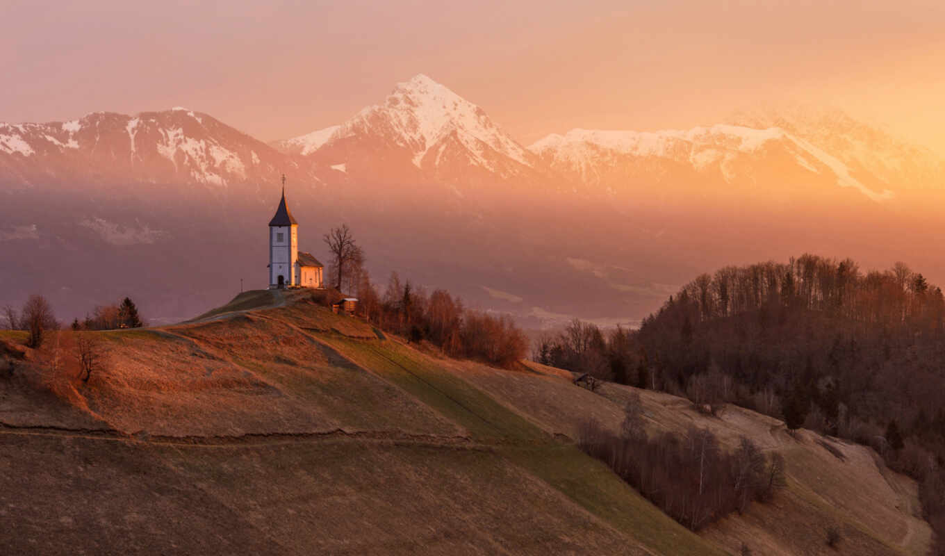view, sunset, church, slovenia