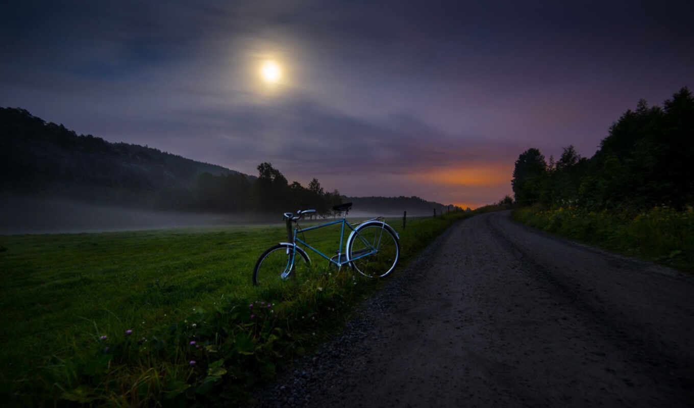 ночь, поле, дорогой, велосипед