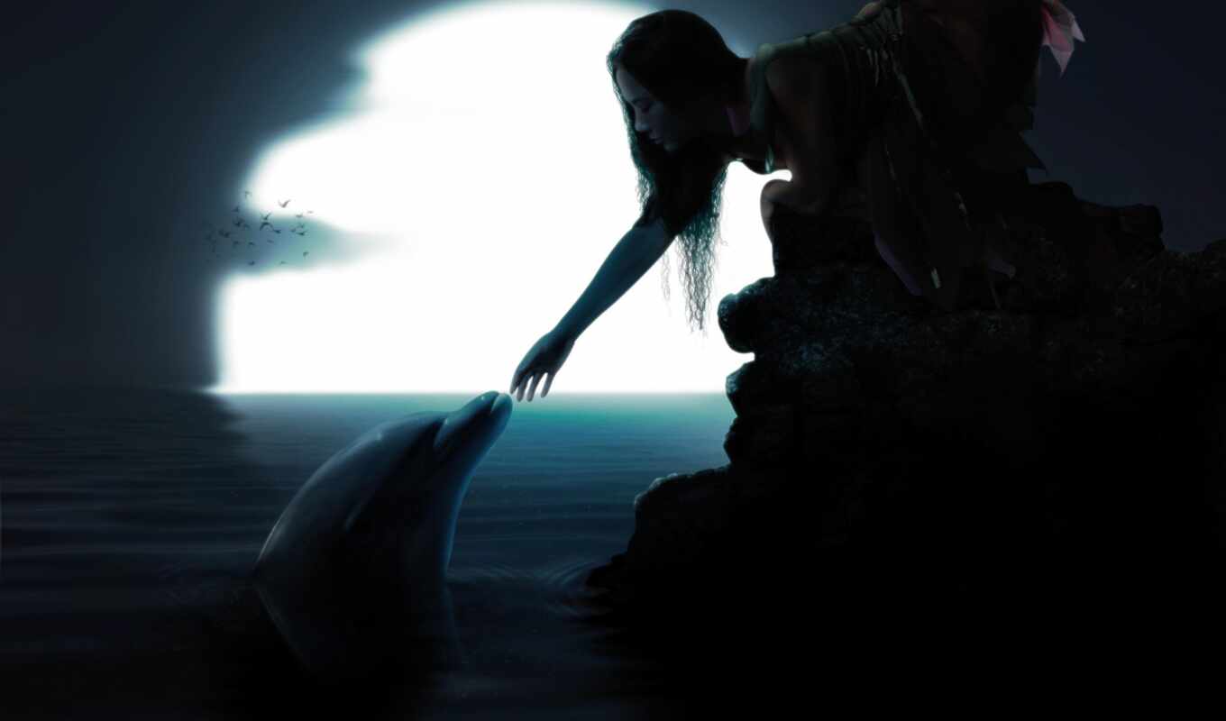 girl, water, sea, dolphin, fantasy