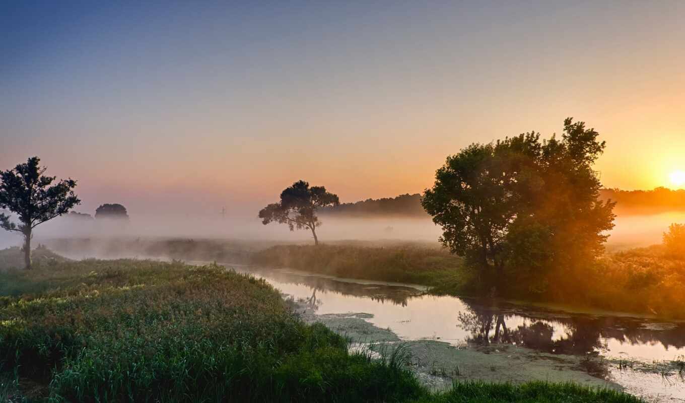 landscape, morning, river, fog