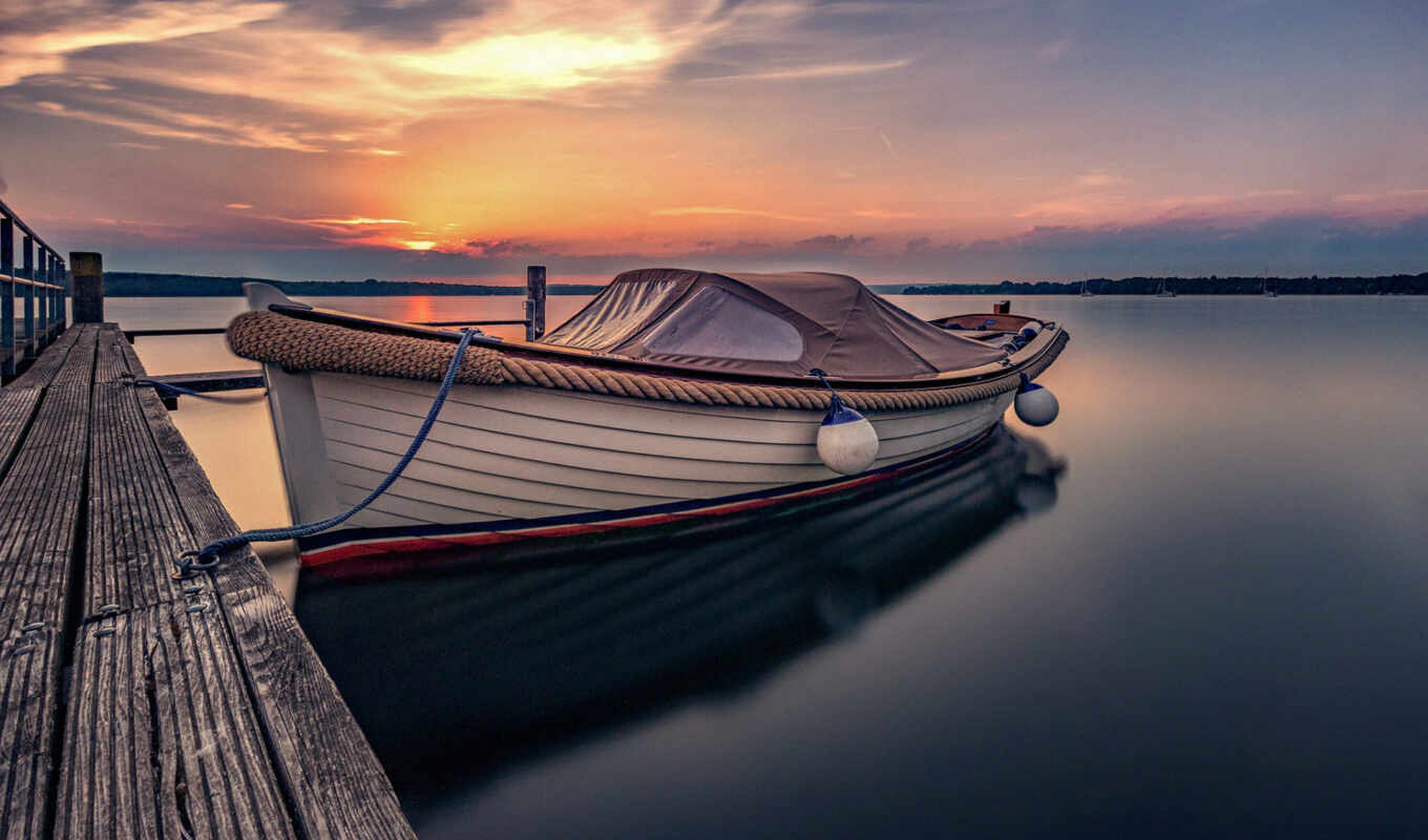 lake, sunset, a boat, pier