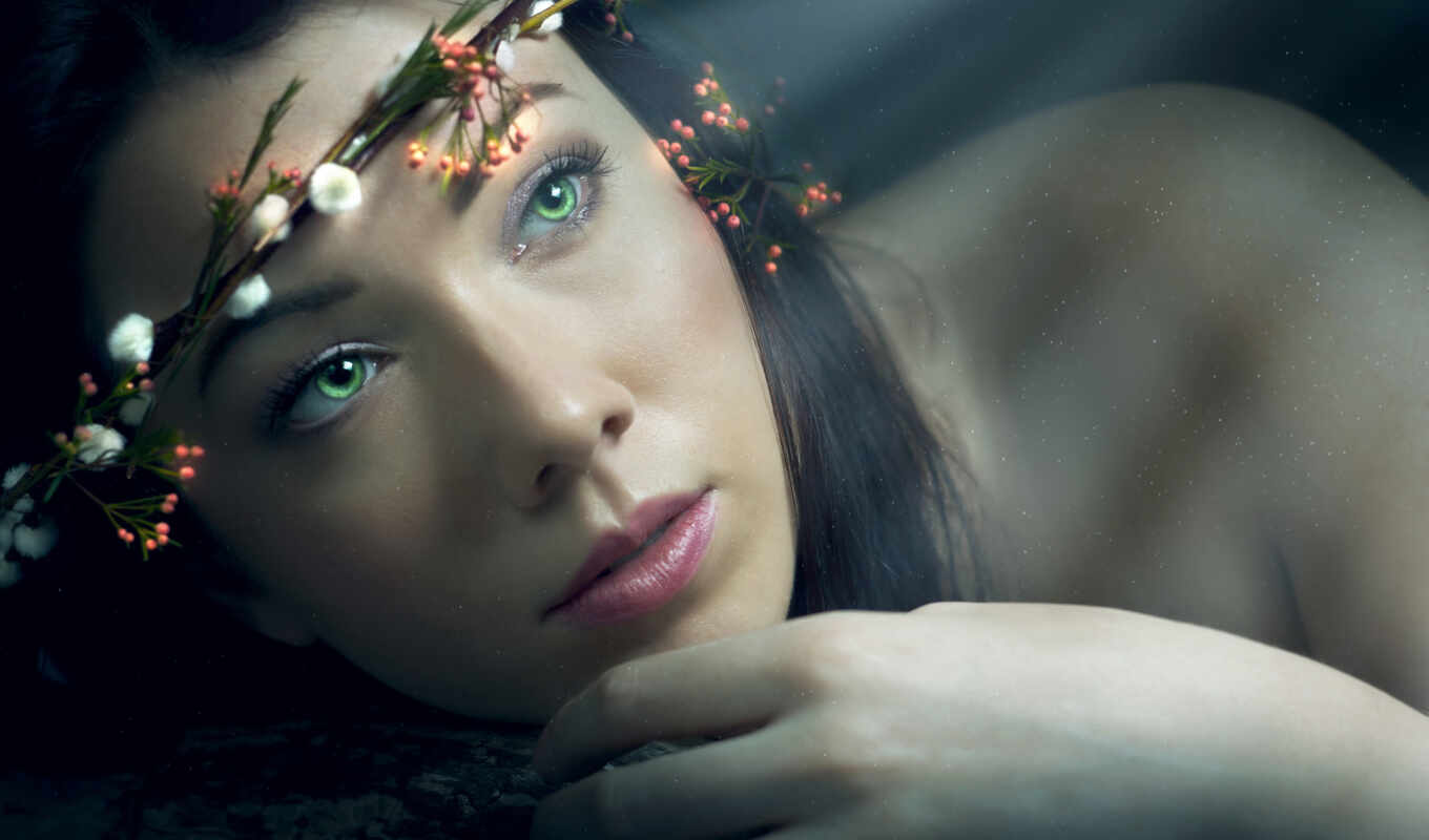 girl, face, light, hair, portrait, green, a wreath