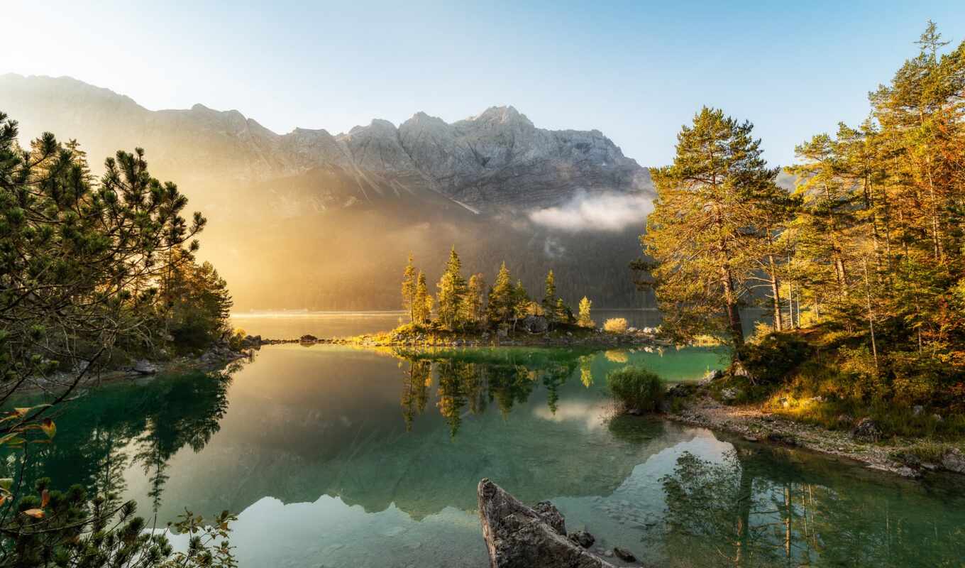 lake, sun, tree, forest, mountain, cloud, rising, zugspitze, eibsee