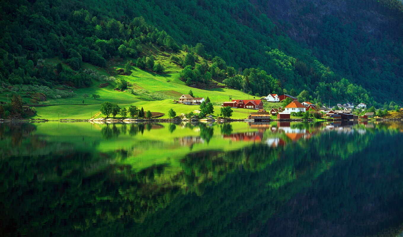 озеро, природа, summer, дома, зелёный, лес, деревня, горы