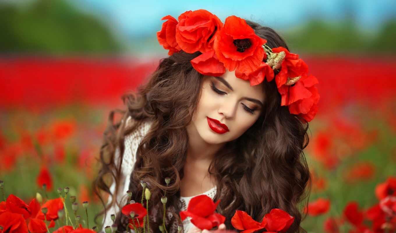 girl, summer, picture, Red, field, bokeh, cvety, makeup, hairstyle, brown - haired, poppies