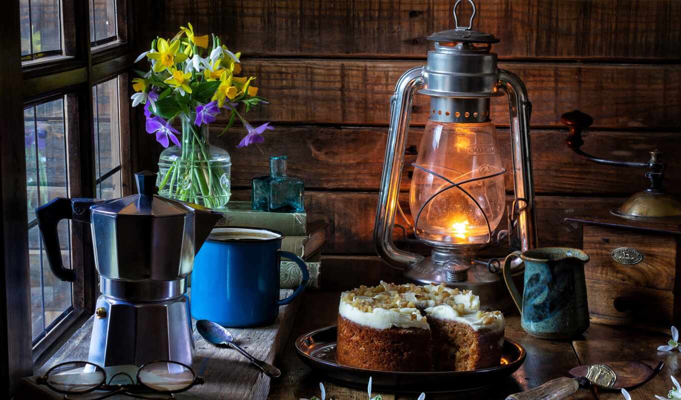 flowers, coffee, book, style, still, life, lamp, cake, cup, sliphonic