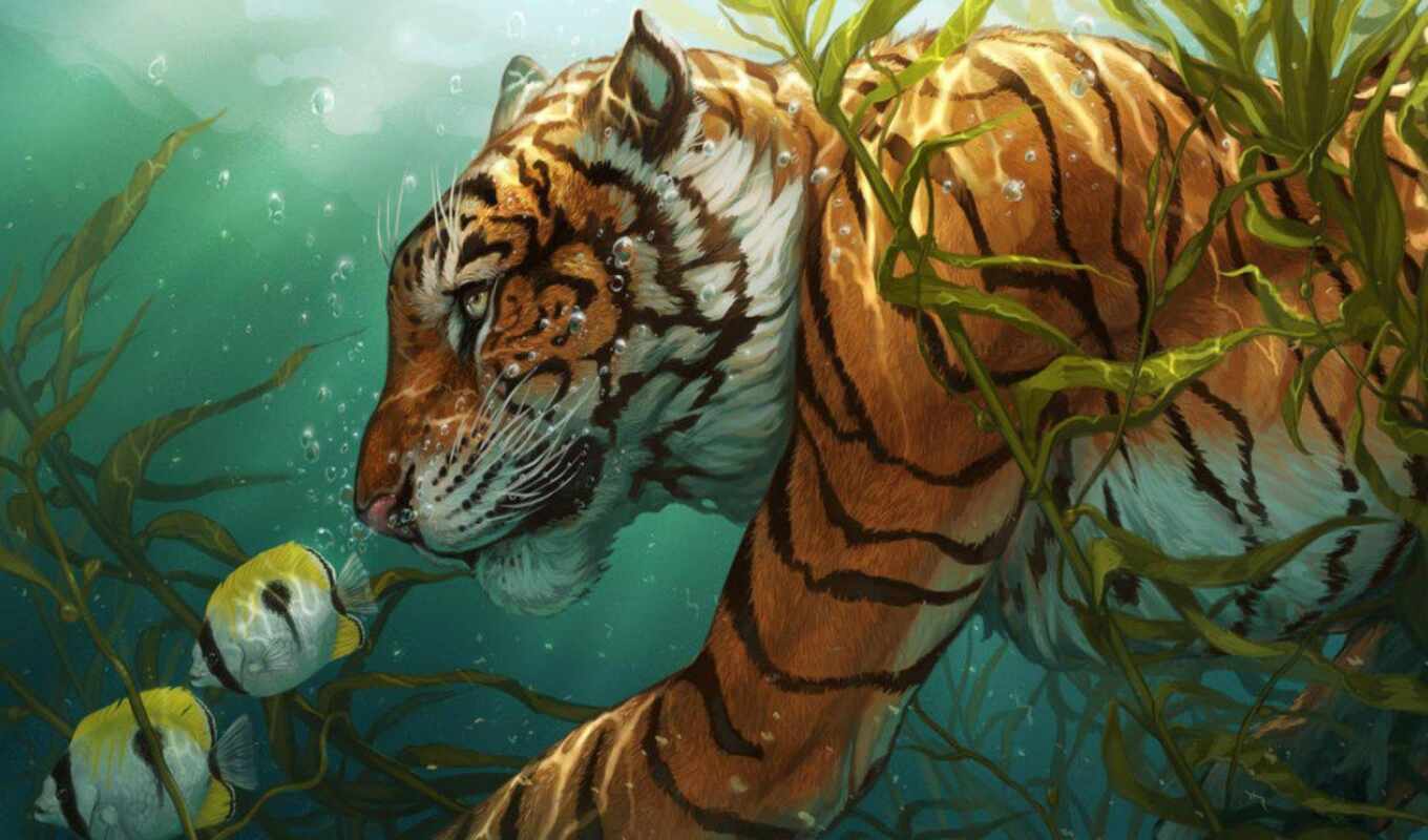 art, digital, тигр, fish, artwork, рисованный, underwater