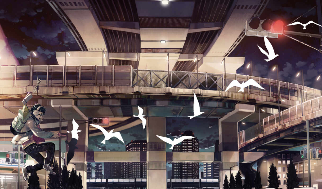 wallpaper, headphones, anime, city, bird, bridge