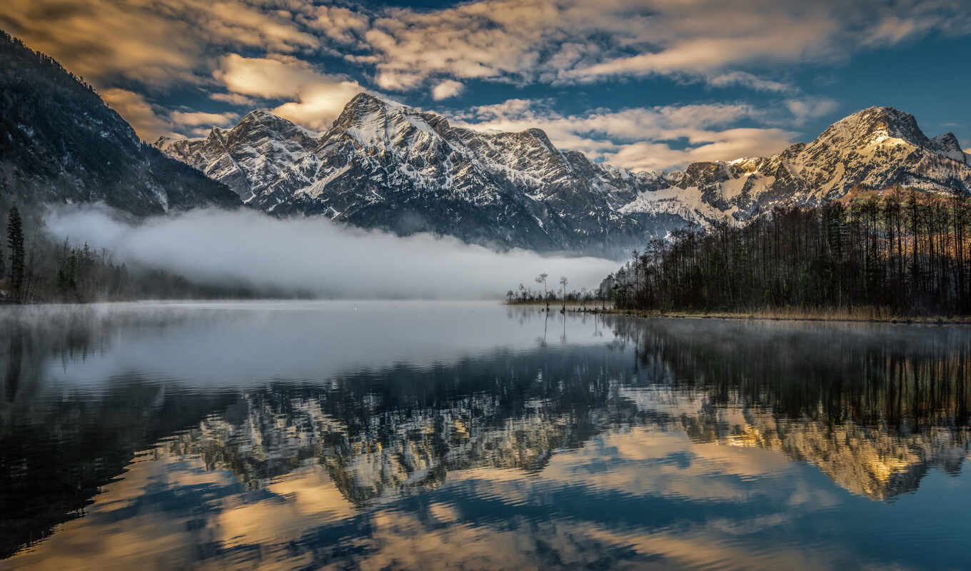 lake, winter, mountain, Austria, tapety, fog, the alps, pulpit, alpe, pico