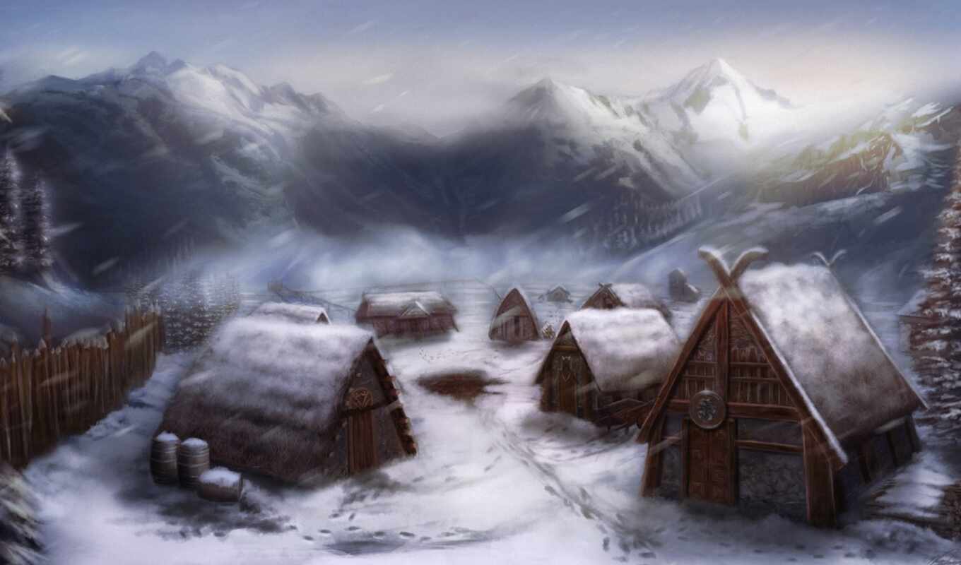 снег, деревня, viking, арт