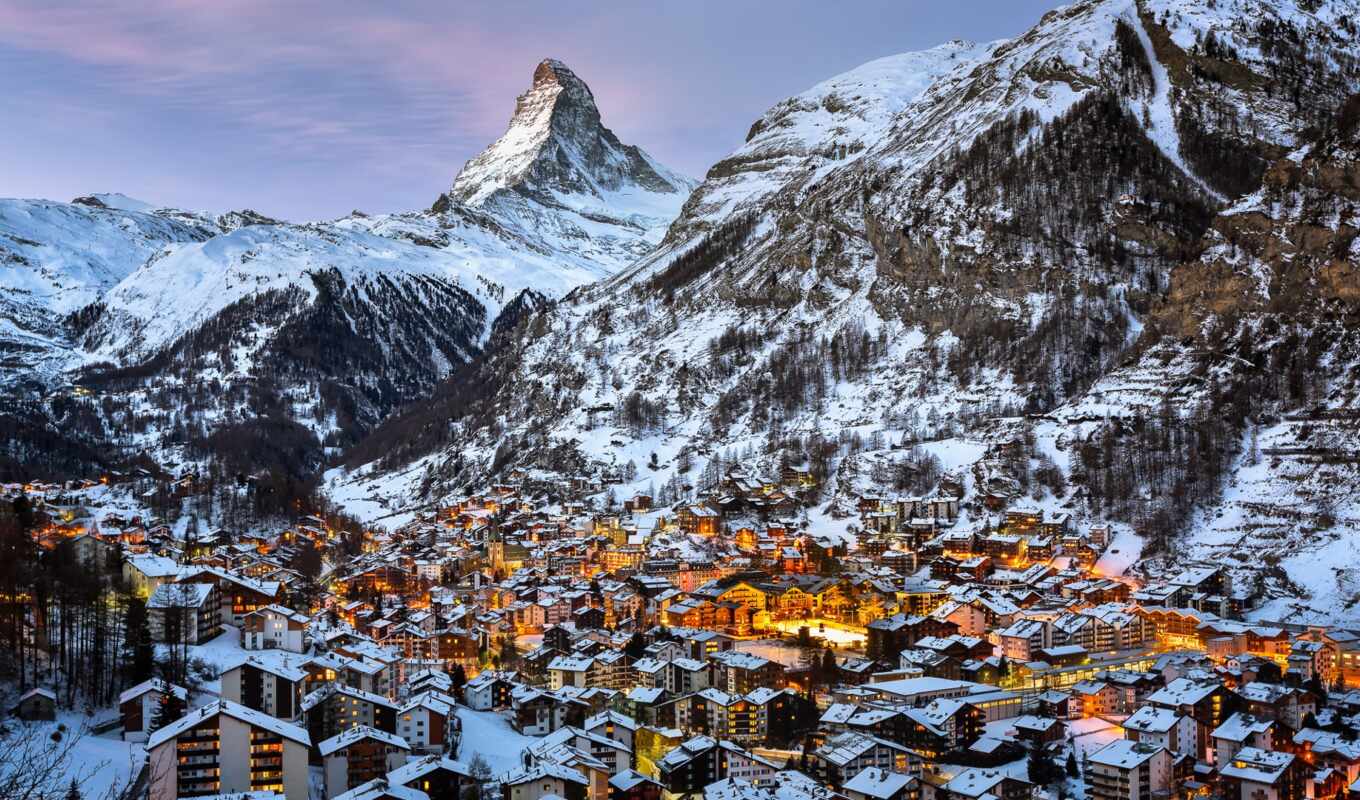 снег, winter, гора, швейцария, town, zermatt