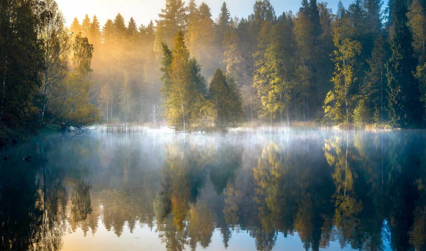 lake, sunrise, fog, Finland