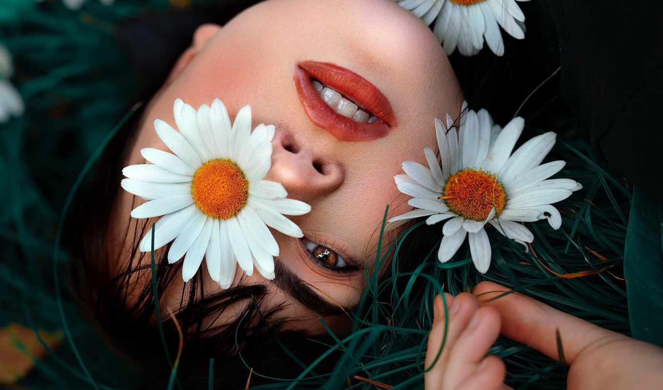 flowers, girl, eyes, pose, shirt, tapety, chamomile, Leon, arm