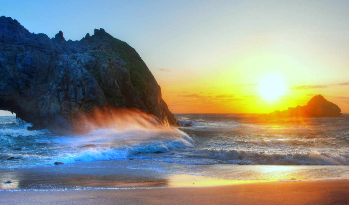 природа, небо, рисунок, sun, пляж, море, песок, waves