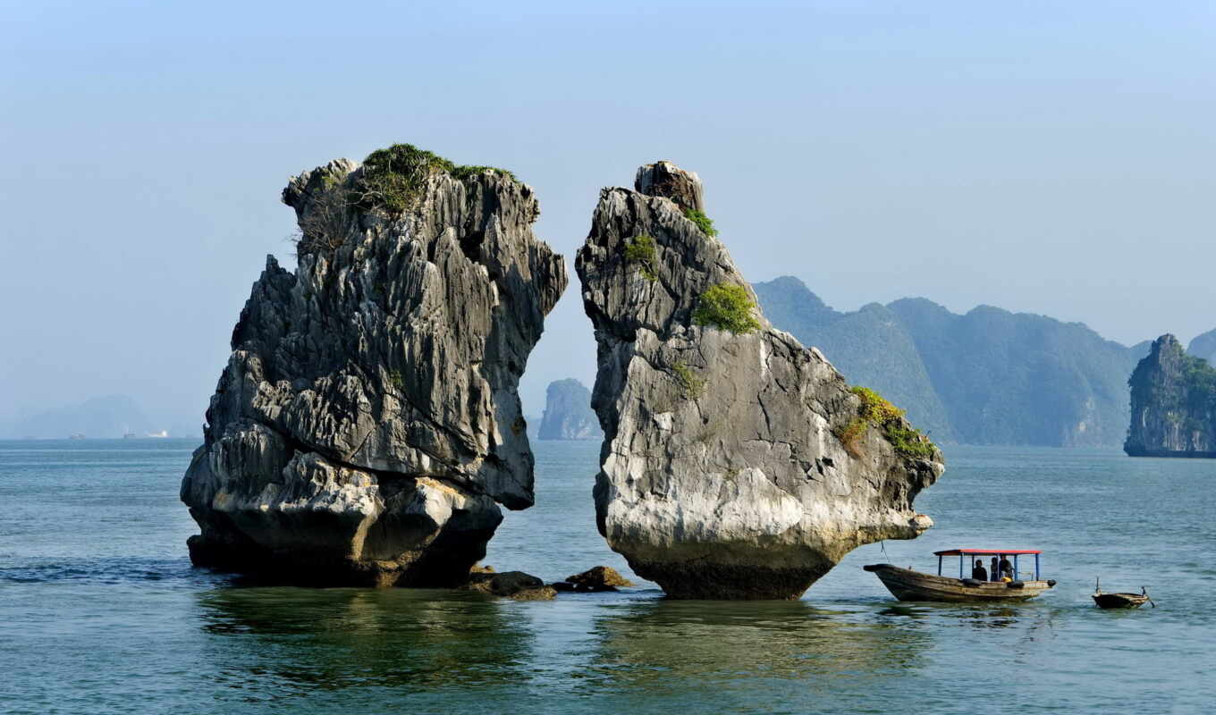 stone, mountain, long, a boat, bay, chinese woman, vietnam, halong