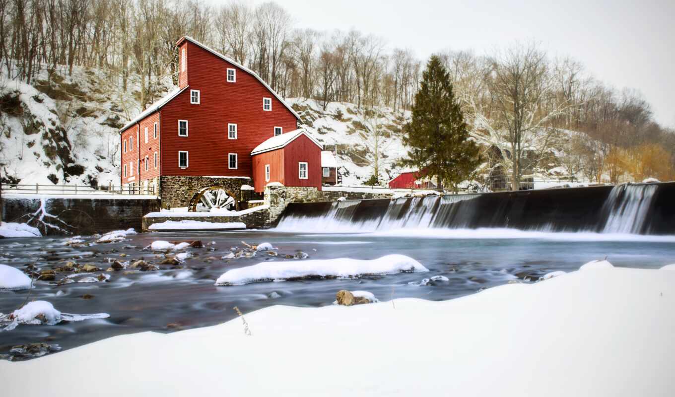 snow, winter, mill