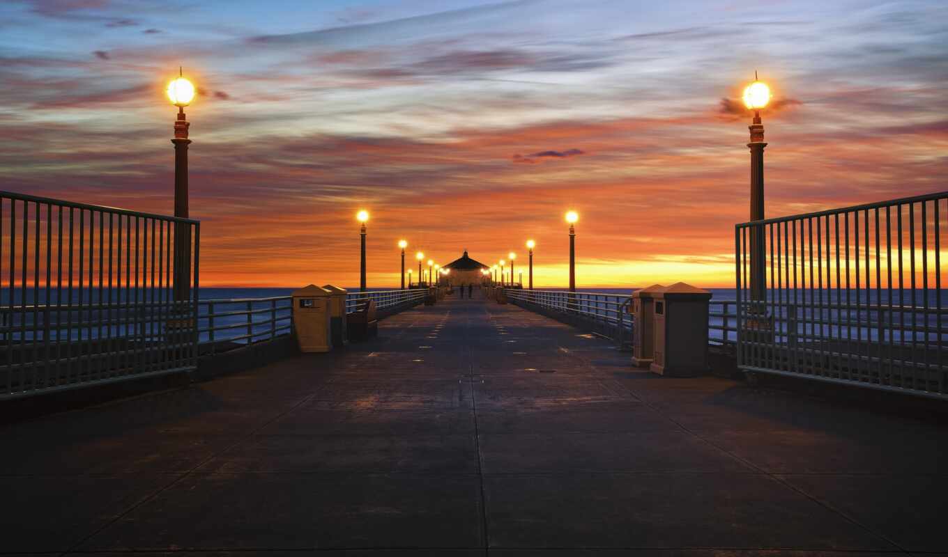 sky, USA, california, coast, pier, ocean, lighting, coast, drawings, lanterns