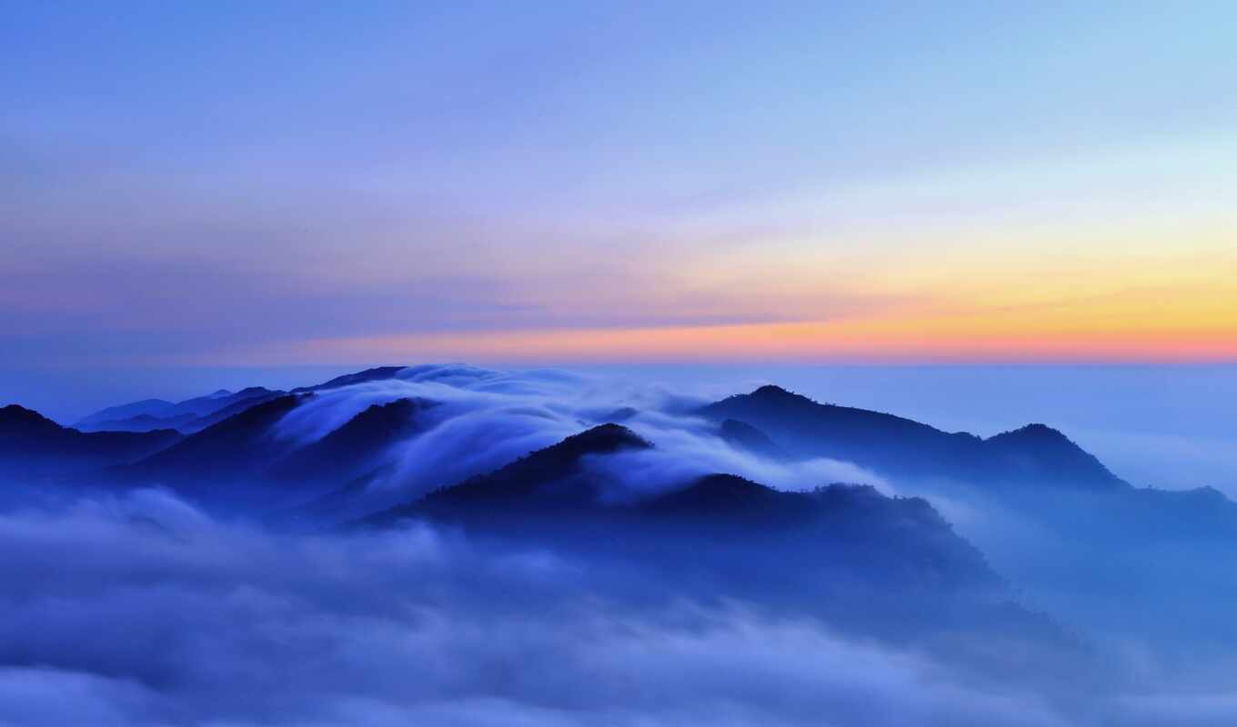 blue, iphone, landscape, качество, высокое, туман, oblaka, горы, холмы