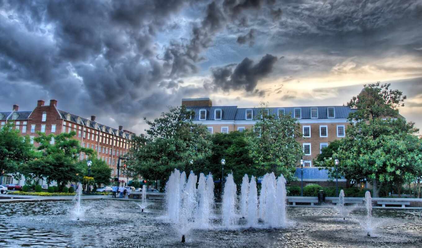 trees, high, widescreen, water, big, hdr, fountain, building, dynamic