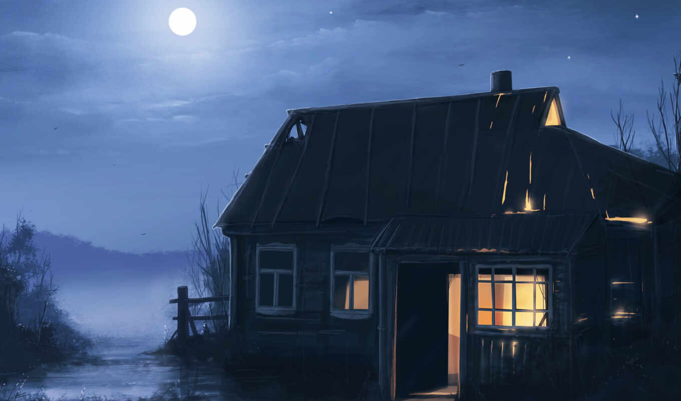 art, house, tree, night, moon, nothing