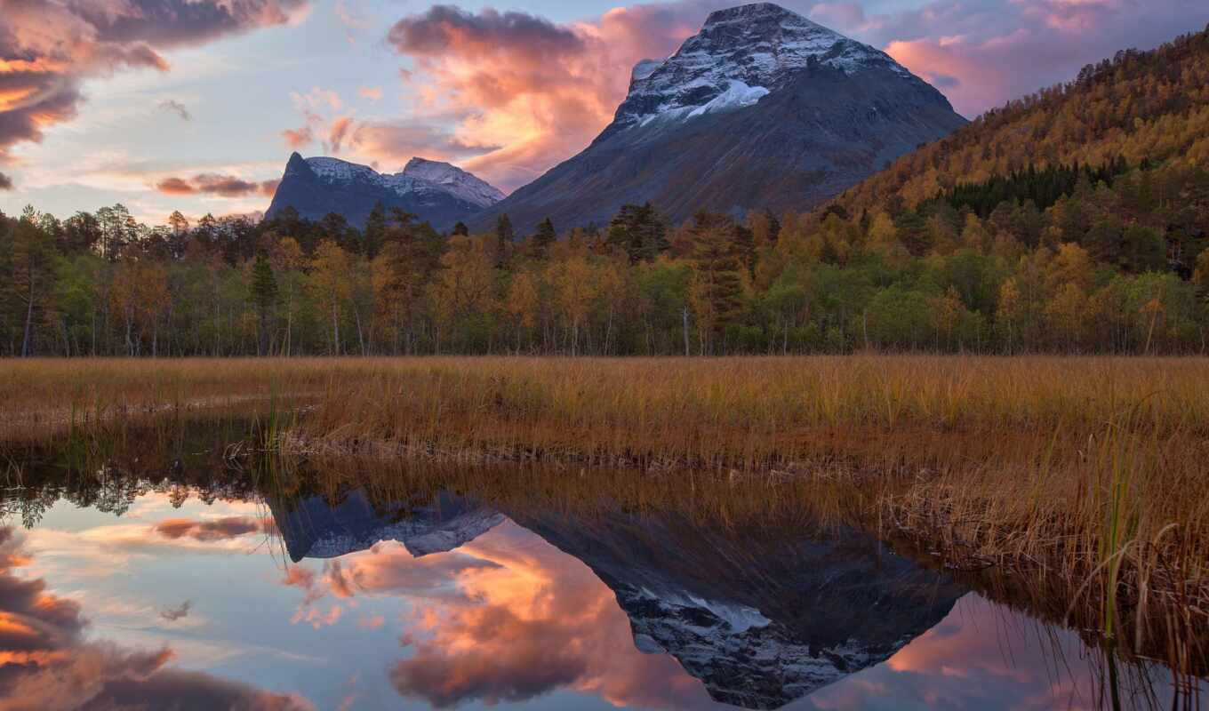 озеро, снег, лес, landscape, осень, trees, отражение, норвегия, norwegian, горы