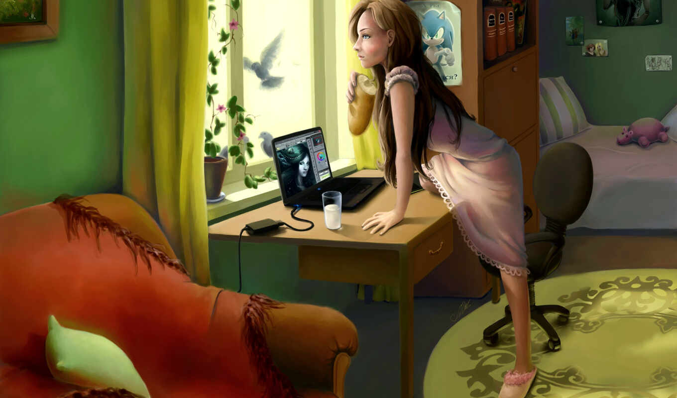 art, girl, a computer, room, window, interior, bird, baton