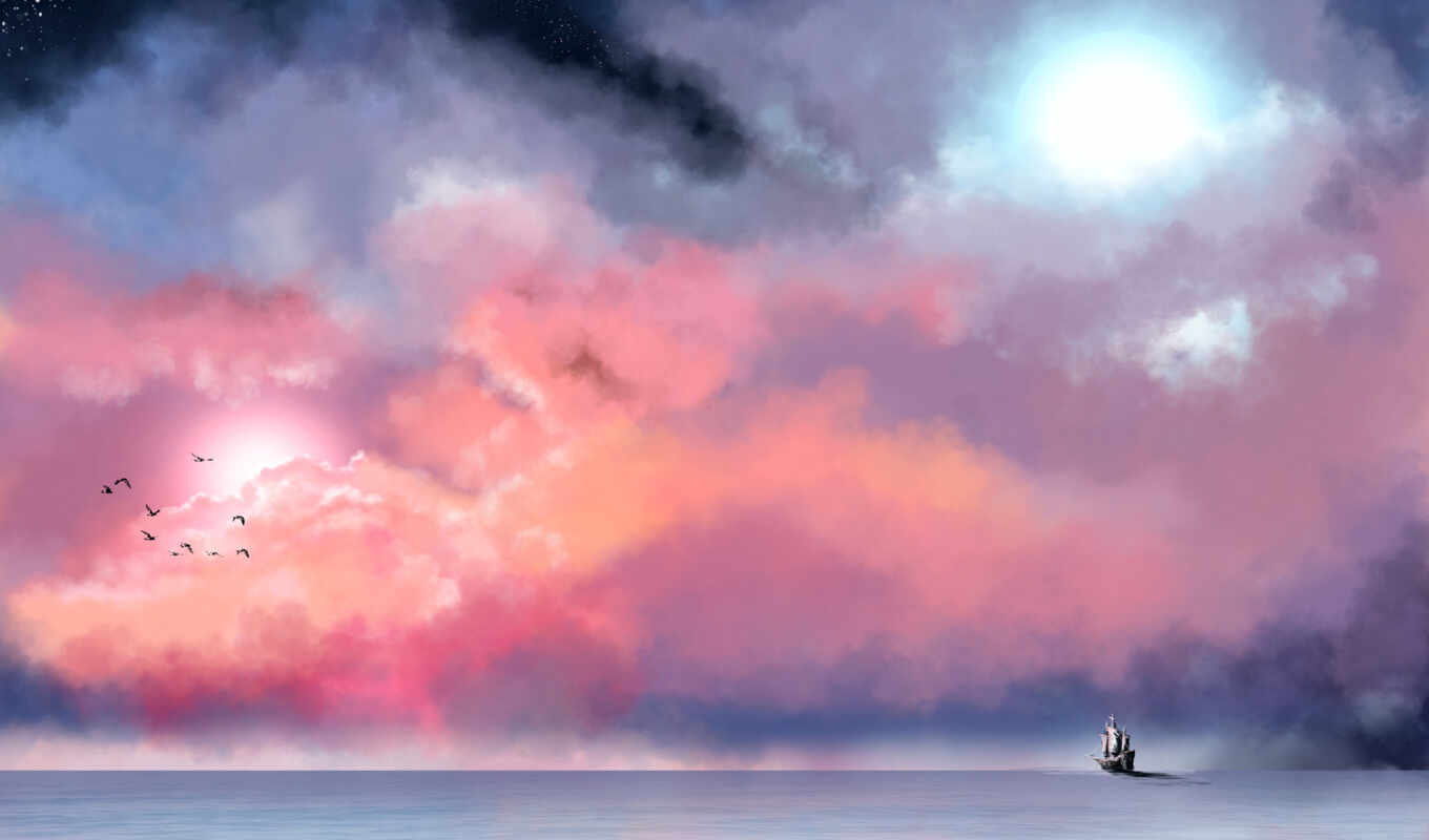sky, ship, painting, sea, fog, cloud, stars, birds