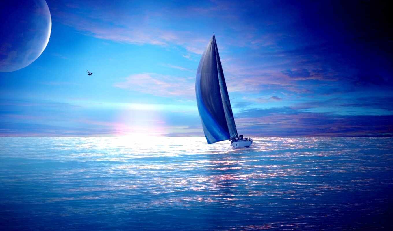 музыка, закат, корабль, море, fantasy, лодка, яхта