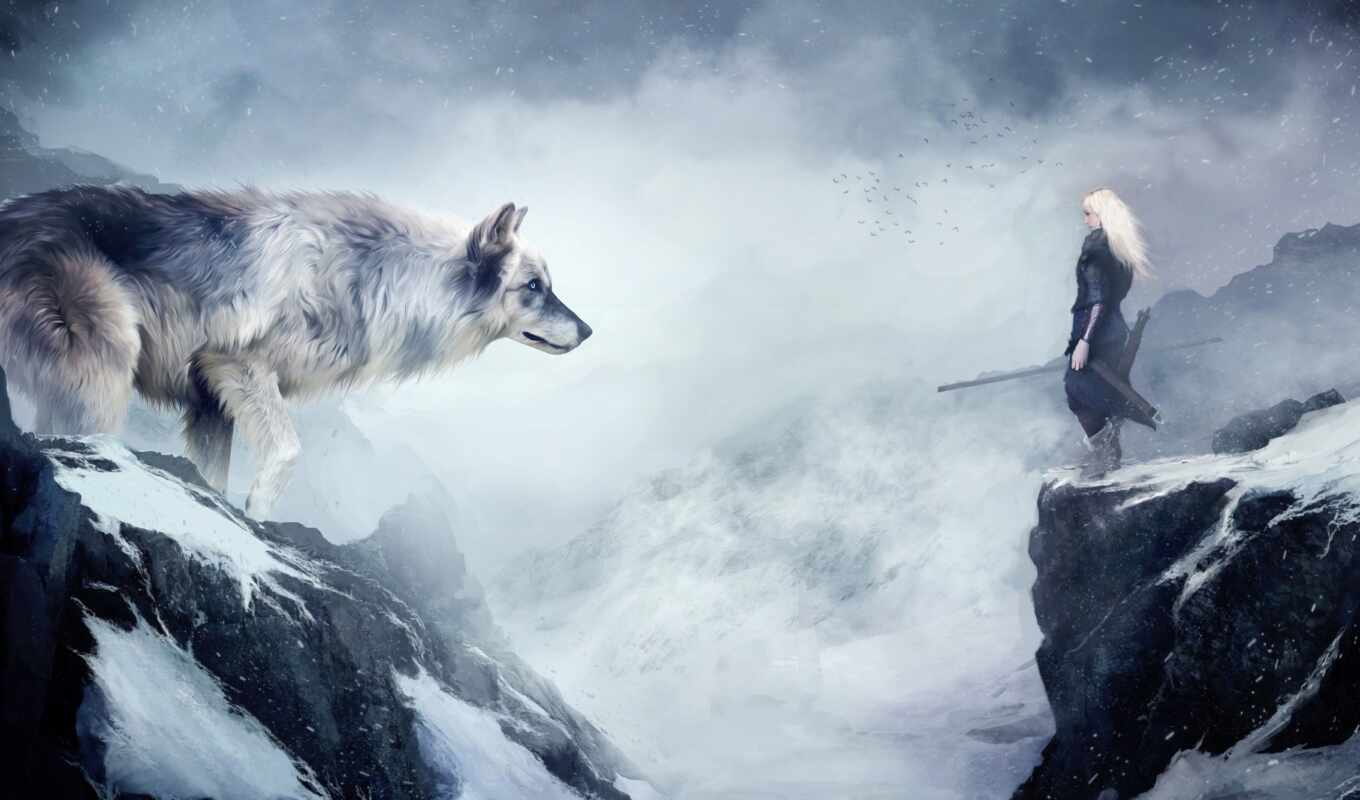 girl, love, winter, mountain, animal, wolf