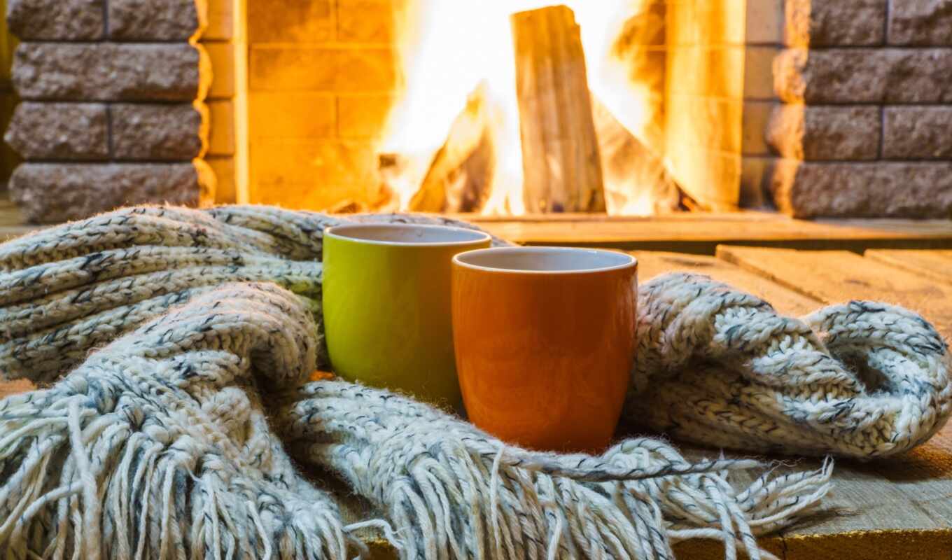 android, fireplace, fire, cups, scarf, comfort, moods