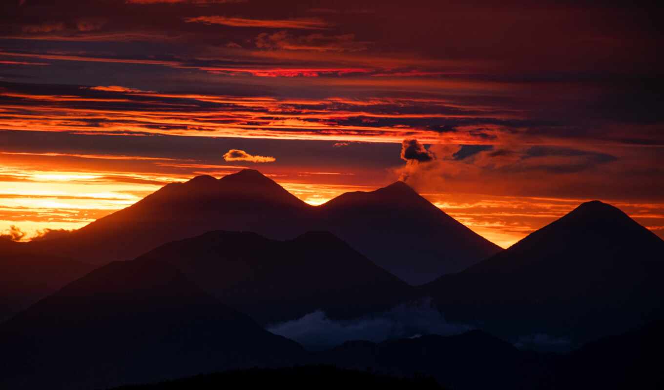 sunset, mountain, santa, volcano, vista, from, can, guatemala, dysfrutar, cima, volcane