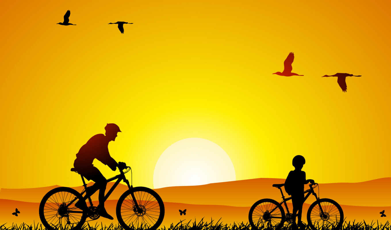 fone, солнца, траве, заходящего, отца, сына, яркого, felikc, прогулка, велосипедная, летящих