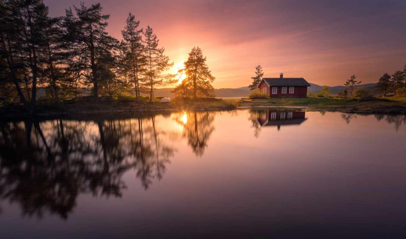 lake, house, tree, sunset, lodge, reflection, Norway, norwegian, ring cycle, ringerik