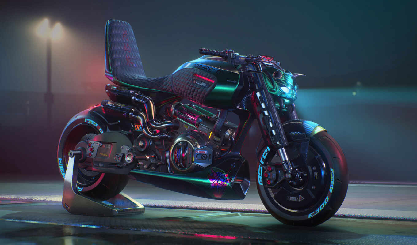 мотоцикл, арка, cyberpunk