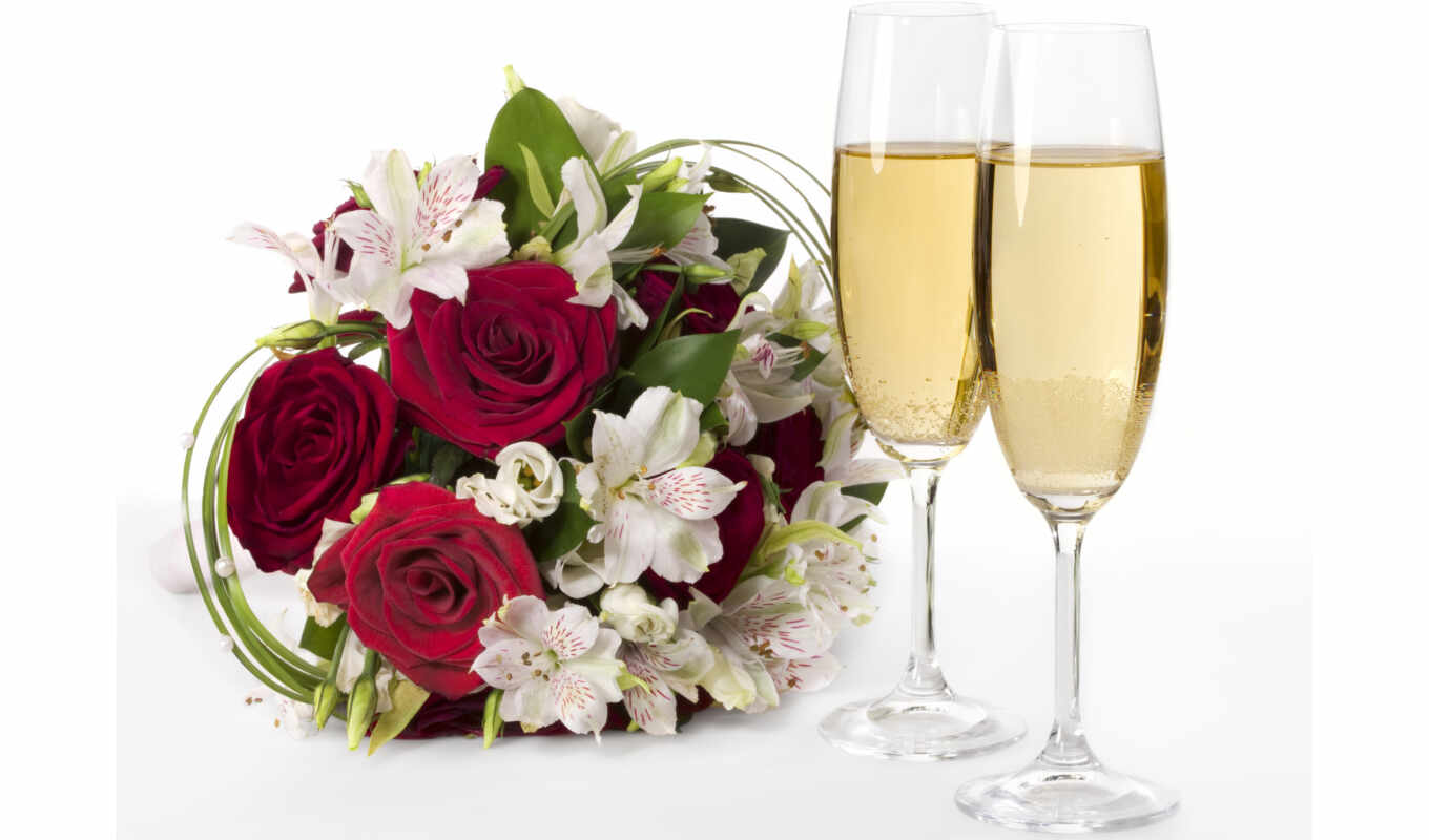 flowers, roses, bouquet, champagne, glasses
