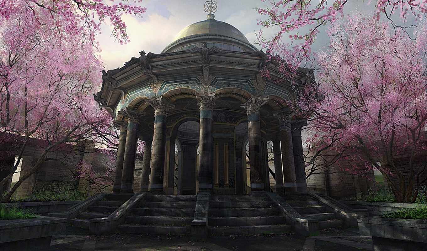Sakura, garden, park, blooming, pavilion