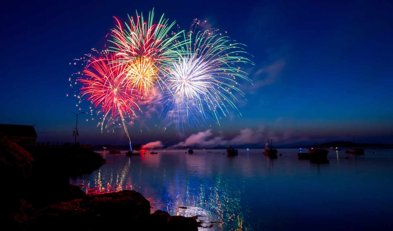 firework, пасть, река, fireworks, год, new