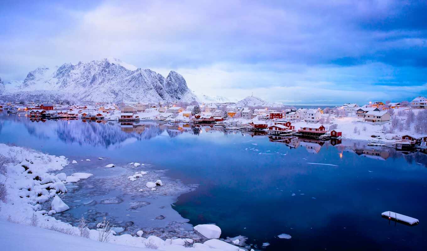 nature, blue, ice, snow, winter, village, Norway, fjord, pure, Lofoten islands
